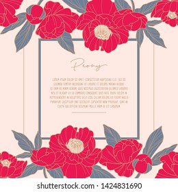 Botanic card with red flowers and leaves. Vector peony flowers for invitation, wedding or greeting cards. Hand-drawn floral elements. Seamless. 