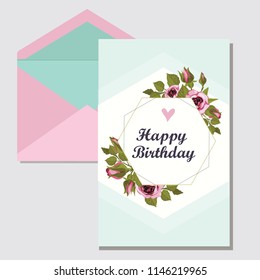 botanic card with roses, flowers, leaves. Spring ornament concept.Roses in vintage style.  Floral poster, invite. Vector layout decorative greeting card or invitation design background. 