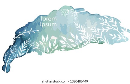Botanic card with sketches plants on Watercolor background