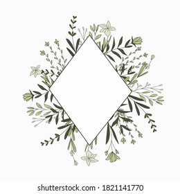 Botanic Card, vector invitation design with herbs and leaves. Hand painted floral background. Template. green Frame. drawing nature.  Leaves and flowers garlands. Romantic floral design element.