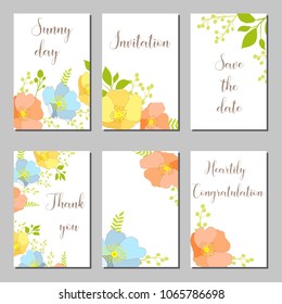 Botanic card with wild flowers and leaves. Spring ornament concept. Art traditional,book, poster, abstract, element. For romantic design, announcements, greeting cards, posters.  