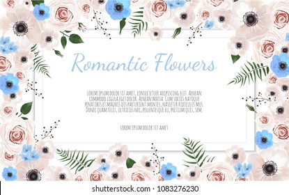 botanic card with wild flowers, leaves. Spring ornament concept. Floral poster, invite. Vector layout decorative greeting card or invitation design background. Hand drawn illustration