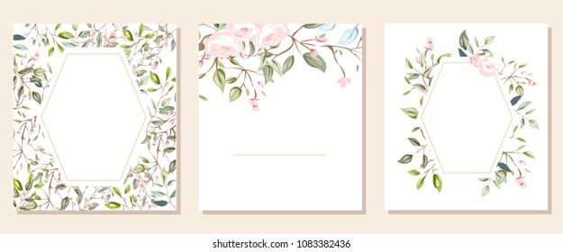 botanic card with wild flowers, leaves. Spring ornament concept. Floral poster, invite. Vector layout decorative greeting card or invitation design background. Hand drawn illustration