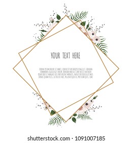 botanic card with wild flowers, leaves. Spring ornament concept. Floral poster, invite. Vector layout decorative greeting card or invitation design background.