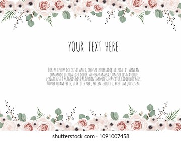 botanic card with wild flowers, leaves. Spring ornament concept. Floral poster, invite. Vector layout decorative greeting card or invitation design background.