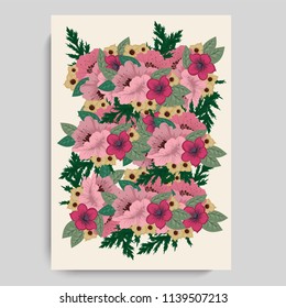 botanic card with wild flowers, leaves. Spring ornament concept. Floral poster, invite. Vector layout decorative greeting card or invitation design background. Hand drawn illustration