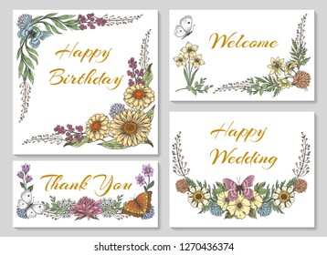 Botanic card with wild flowers, leaves. Collection ornaments for wedding, business invitation with spring floral, mariposa butterfly, vetor illustration