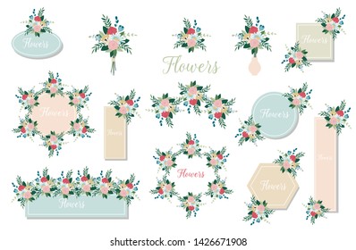 Botanic card with wild flowers, leaves.  Floral poster, invite. Set of floral branch. Pink rose, green leaves. Wedding concept with flowers. Floral poster, invite.Vector arrangements for greeting card