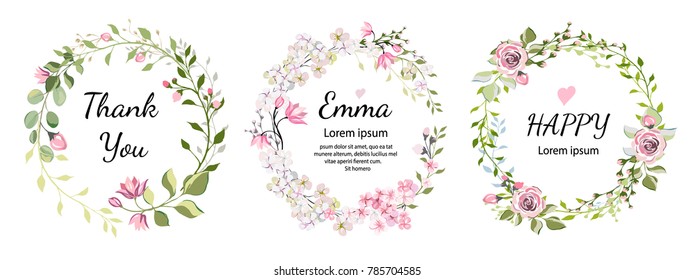  botanic card with wild flowers, leaves. Spring ornament concept. Floral poster, invite. Vector layout decorative greeting card or invitation design background. Hand drawn illustration