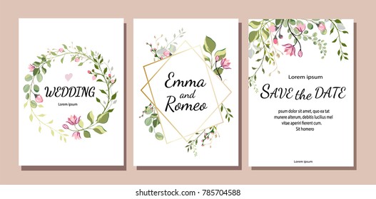  botanic card with wild flowers, leaves. Spring ornament concept. Floral poster, invite. Vector layout decorative greeting card or invitation design background. Hand drawn illustration