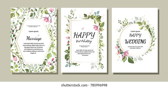  botanic card with wild flowers, leaves. Spring ornament concept. Floral poster, invite. Vector layout decorative greeting card or invitation design background. Hand drawn illustration