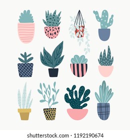 Botanic collection with garden tools and flower pots.Vector illustration of gardening elements. Beautiful object with home plants.