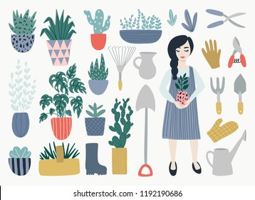 Botanic collection with garden tools and flower pots.Vector illustration of gardening elements. Beautiful object with home plants.