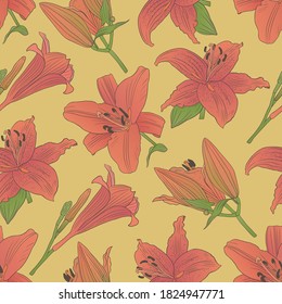 Botanic collection. Vector seamless pattern with lilium flowers on a yellow background
