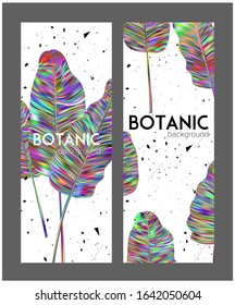 Botanic design banners with multicolor tropical leaves and dust. Vector illustration