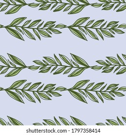 Botanic doodle seamless pattern with foliage branches. Blue background with green leaves. Stylized artwork. Creative print for wallpaper, textile, wrapping paper, fabric print. Vector illustration.