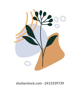 Botanic element of hand draw set. Abstract design and nature as a black line branch gracefully mingles with soothing pastel orange shades against a white canvas. Vector illustration.