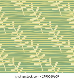 Ramas florales botánicas sin fisuras. Elementos amarillos sobre fondo pastel con líneas verdes. Diseño ingenuo. Ideal para envolver papel, textil, papel de tela y papel pintado. Ilustración vectorial.