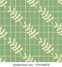 Botanic floral branches seamless pattern. Yellow elements on pastel background with green stripe. For wrapping paper, textile, fabric print and wallpaper. Vector illustration.