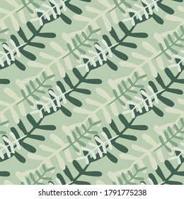 Botanic floral branches seamless pattern. Grey and green elements on pastel background. Naive design. Designed for textile, wrapping paper, fabric print. Vector illustration.