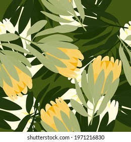 Botanic floral seamless pattern with protea flowers ornament. Green foliage elements. Isolated print. Perfect for fabric design, textile print, wrapping, cover. Vector illustration.