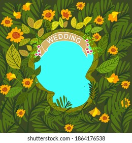 botanic flowers and leaves frame with free form shape in the middle with wedding ribbon .card ,picture frame, print,picture book, organic prints. hand drawn vector.