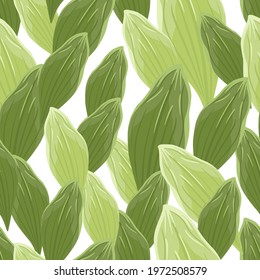 Botanic foliage seamless pattern with abstract green leaf ornament. Isolated backdrop with white background. Stock illustration. Vector design for textile, fabric, giftwrap, wallpapers.