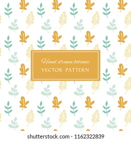 Botanic hand drawn seamless vector pattern. Forest leaves doodle background in colors of yellow and blue. Summer and autumn beautiful texture design for fabrics and home decor