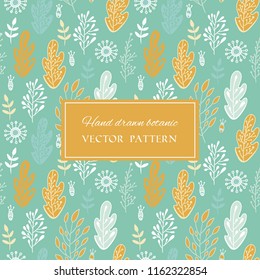 Botanic hand drawn seamless vector pattern. Forest leaves doodle background in colors of yellow and blue. Summer and autumn beautiful texture design for fabrics and home decor