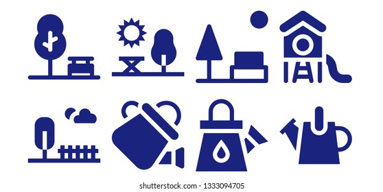 botanic icon set. 8 filled botanic icons.  Collection Of - Park, Watering can