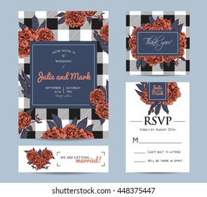 Botanic invitation set with checkered background. Beautiful invitation decorated with peonies