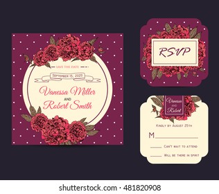Botanic invitation set with rsvp card. Beautiful invitation decorated with peonies