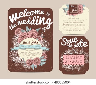 Botanic invitation set with rsvp card. Beautiful invitation decorated with peonies