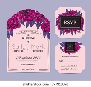Botanic invitation set with rsvp card. Beautiful invitation decorated with peonies.