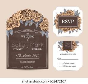 Botanic invitation set with rsvp card. Beautiful invitation decorated with peonies. Chalkboard design