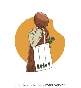 Botanic lady with tote bag and plant 🌱

a market without plastic : less plastic with self bag 