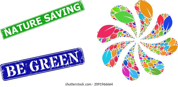 Botanic leaf icon colored twirl twist turbine salute shape, and textured Nature Saving seal. Blue Be Green and green Nature Saving rectangle grunge seal stamps.