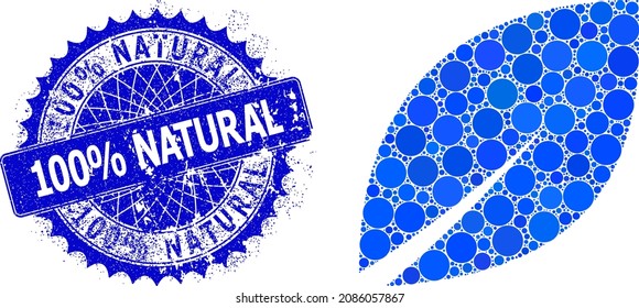 Botanic leaf vector collage of circle dots in variable sizes and blue color tints, and distress 100 percents Natural stamp seal. Blue round sharp rosette stamp has 100 percents Natural tag inside it.