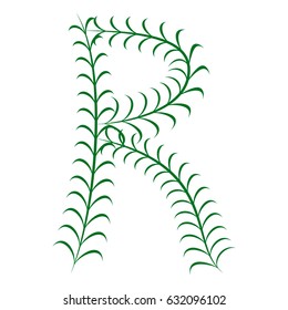 Botanic letter R of thin branches with leaves. capital letter for alphabet or logo design