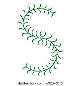 Botanic letter S of thin branches with leaves. capital letter for alphabet or logo design