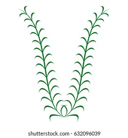 Botanic letter V of thin branches with leaves. capital letter for alphabet or logo design