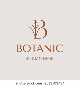 Botanic Logo. Letter B with grass element concept in elegant and minimalist design style vector template