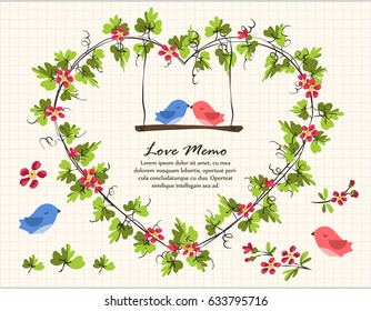 Botanic nature garden green leaf spiral vine flower frame cute love bird set