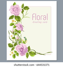 Botanic pattern with lilac roses and forget me not flowers on white background. Vector floral print template with place for text. For fashion, wedding invitation and greeting card design.