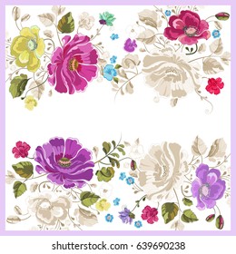 Botanic pattern with poppies and forget me not flowers. Vector traditional floral template with place for text. For fashion shawl, packaging, wrapping paper, wedding invitation and card design.