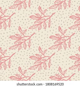 Botanic pink contoured branches seamless pattern. Light background with dots. Creative floral print. Great for wallpaper, textile, wrapping paper, fabric print. Vector illustration.