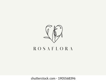 Botanic plant heart with hand logo design. Vector illustration of hand holding nature botanic branch shaped heart. Modern vintage icon design template with line art style.