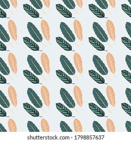 Botanic print with leafs seamless pattern. Doodle ornament in blue and beige tones on light background. Perfect for wallpaper, textile, wrapping paper, fabric print. Vector illustration.