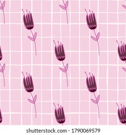 Botanic purple outline tulips seamless pattern. Light pastel pink chequered background with bright contoured elements. For wallpaper, textile, wrapping paper, fabric print. Vector illustration.