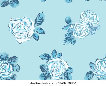 Botanic Rose Flower Swimwear Print. Girly Hawaiian Peony Background. Classic Blue and Indigo Rose Seamless Pattern. Continuous Floral Design.Summer Peonies Leaves and Buds Sleepwear Texture.